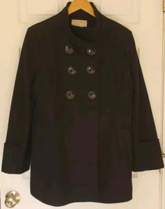 MICHAEL KORS Pea Wool Coat Womens XL Double Breasted Black Jacket Button Pockets - Picture 1 of 9