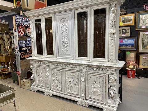 Antique french buffet?? Hand carved,chalkpaint ONE OF A KIND 8’1” tall 9’4”wide Cover