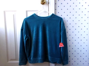 NEW Girls Large Sweatshirt Top 10-12 Velour Turquoise Striped Boxy Relaxed - Picture 1 of 20