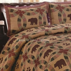 DARK BLACK BEAR WEDDING RING 3p Full Queen QUILT SET : BROWN PAW CABIN TEA DYED - Picture 1 of 3
