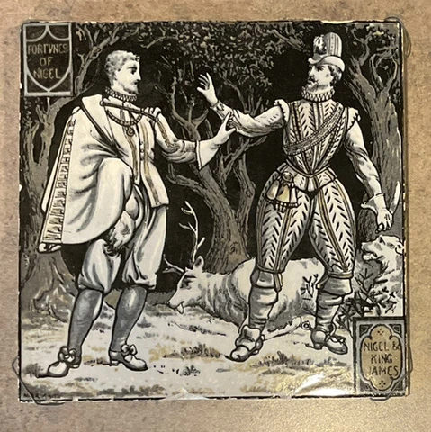 MINTON :: 1880-9’s 6” Sq BLACK TRANSFERWARE TILE “Nigel & King James” ENGLAND Cover