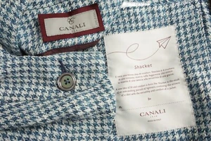 Cappotto sportivo Canali 1934 ATTUALE Shacket blu bianco pied de poule misto lino tg 40R - Foto 1 di 8