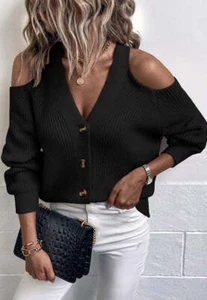 Button Up Cold Shoulder V-Neck Knit Sweater Top - Picture 1 of 22