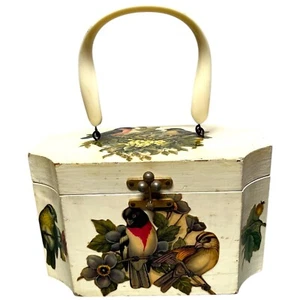 Billie Ross of the Palm Beaches Vintage Holz Handtasche Vogelnest Blumen achteckig - Bild 1 von 8