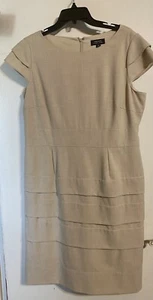 Tahari Arthur S Levine Dress Size 14 Beige Ruffled Capped Sleeves Elegant - Picture 1 of 6