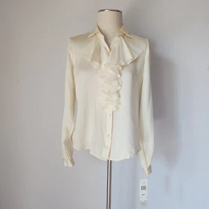 NWT Lauren Ralph Lauren $159 100% Silk Satin Ruffle Blouse Long Sleeve Cream PM - Picture 1 of 9