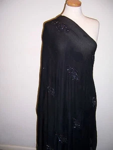 DESIGNER FABRIC SHEER SILK GEORGETTEHAND BEADED BLACK PAISLEY MOTIF - Picture 1 of 12