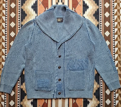 Double RRL Ralph Lauren Shawl Indigo Distressed French Workwear Cardigan Sweater - Image 1 of 4