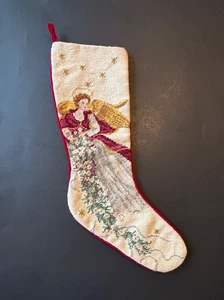 Calza natalizia vintage vittoriana punto ago angelo fiori rosso velluto retro 22" L - Foto 1 di 8