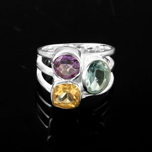 Citrine Amethyst Blue Topaz Three Stone Ring 925 Sterling Silver Jewelry Gift - Picture 1 of 10