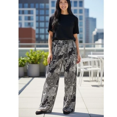 IMAN Easywear Pants SZ LG Brown Gold Trim Paisley Slinky Wide Leg Elastic Waist - Image 1 of 4