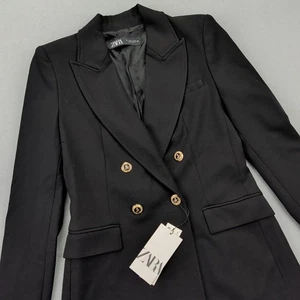 Zara Blazer Jacket Womens Small Black Double Breasted Gold Button Lined Tailored - Picture 1 of 15