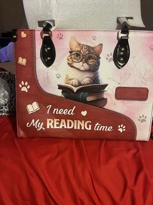 Bolso de cuero personalizado lindo Cat Loves Book, necesito mi tiempo de lectura Foto 1 de 2