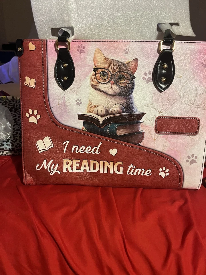 Bolso de cuero personalizado lindo Cat Loves Book, necesito mi tiempo de lectura Foto 1 de 2
