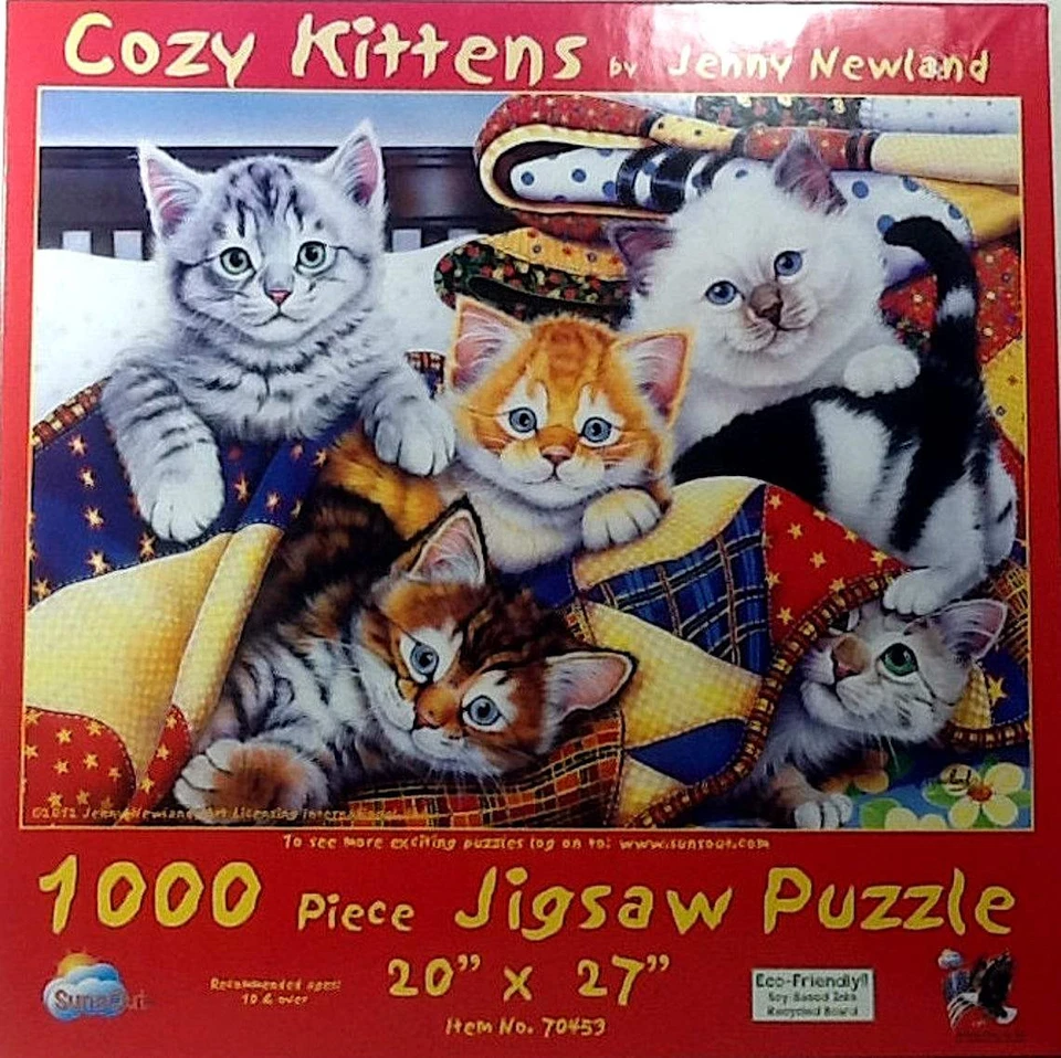 Cozy Kittens Quilts Jenny Newland 1000 pc Jigsaw Puzzle 20" X 27" SunsOut - Image 1 of 1