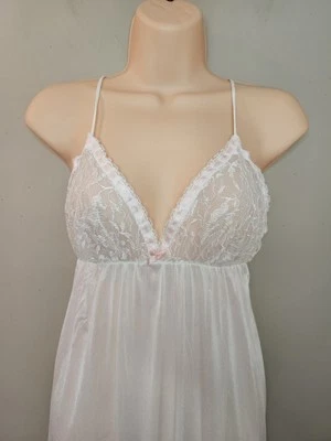 Vintage Bridal Peignoir White Nylon w/Lace & Pink Ribbon Long 2 Pc Size Medium - Image 1 of 4