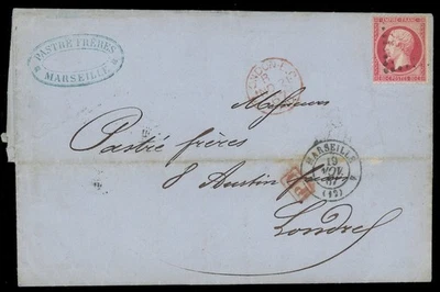 TB lettre de Marseille pour Londres 1867 avec TB YT 24 et longue correspondance - Photo 1/4