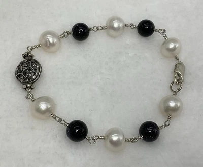 Brazalete de plata de ley 925 con perlas y piedras de oro azul 7,75 pulgadas hecho a mano Foto 1 de 4