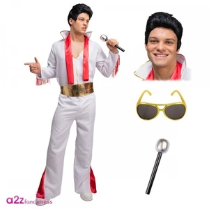Adult Mens King of Rock n Roll Costume + Wig + Mic + Glasses 50's Fancy Dress - Picture 1 of 4