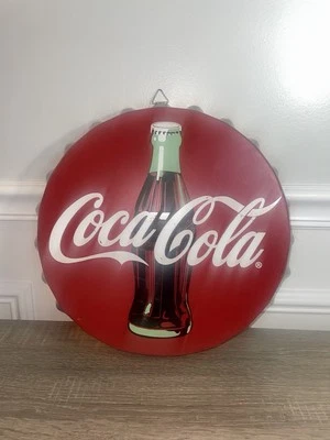 Coca-Cola 13” Large Bottle Cap Steel Sign Red with White Script Logo.(#14) - Image 1 of 4