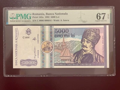 Romania 5000 lei 1992 pick 103a pmg 67 - Image 1 of 2