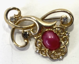 Spilla vintage tono oro rosa rodonite cabochon spilla strass - Foto 1 di 8
