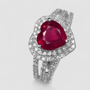 Invaluable Blood Ruby Heart 3Ct 925 Sterling Silver White Gold Plated Rings - Picture 1 of 8