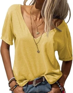 Women Fashion Deep V-Neck Short Sleeve Tops Solid Casual Loose Basic T Shirt - Picture 1 of 1