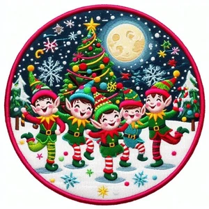 Dancing Elves Patch Printed Embroidered Iron-on Applique Santa's Helper Jolly - Picture 1 of 11