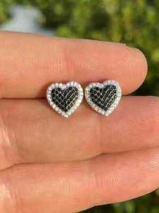 1Ct Lab Created Round Heart Stud Earrings Black Diamond 14k White Gold Plated - Picture 1 of 5