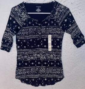 Sonoma Top Women S Blue Floral Henley V Neck Pullover Shirt Short Sleeve Casual - Picture 1 of 6