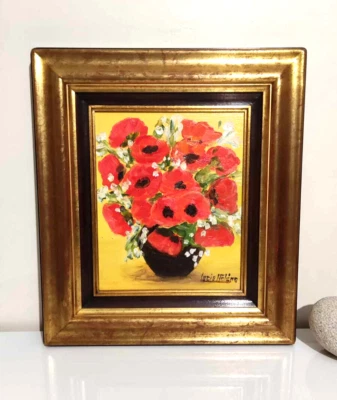 magnifique tableau peinture de fleur signé Lucie Hélène cadre en bois doré - Photo 1/4