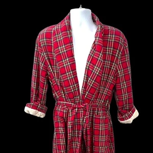 LL BEAN Mens Bathrobe Tartan Christmas Plaid Fleece Lined Flannel Size Medium - Picture 1 of 11