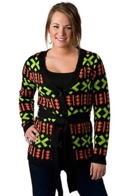 Flying Tomato Tribal Print Cardigan Sweater Small Black Green Orange Button Up Foto 1 de 4