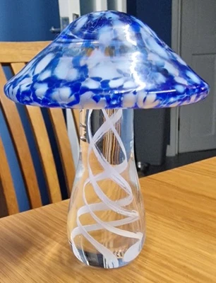 Hand Made Glass Mushroom Ornament With Swirly Stem And Blue And White Top - Image 1 of 4