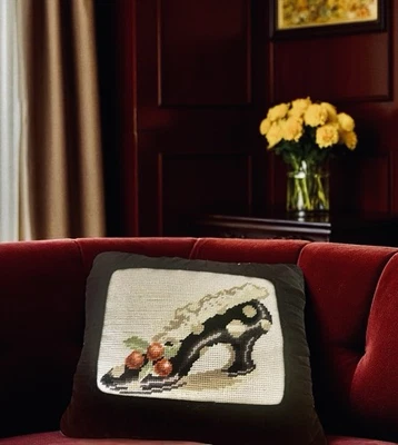 VTG Victorian Shoe Needlepoint Pillow Peti Point Black Velvet 14” x 12” Cherries - Image 1 of 4