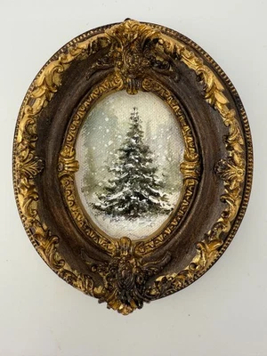 Miniature Oil Painting Christmas Tree, Painting with Rustic  Vintage frame gift - Image 1 of 4