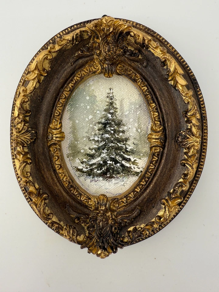Pintura al óleo miniatura árbol de Navidad, pintura con marco rústico vintage regalo Foto 1 de 4
