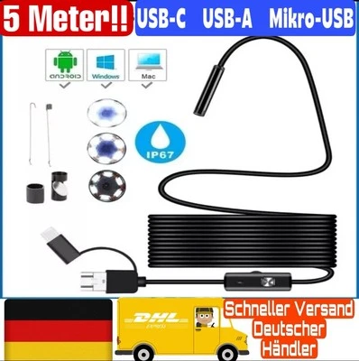 KERUI 3 In 1 Endoskop 5 Meter Kamera 7mm LED Inspektion Wasserdicht PC Android USB-C