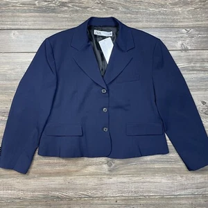 Zara Women’s Cropped 3 Button Wool Blend Blazer Navy Size XXL NWT - Picture 1 of 9