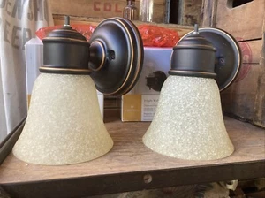 Set of 2 Wall Sconces Oil Rubbed Bronze Glass Portfolio 1026679 Glass Shade - Picture 1 of 12