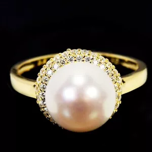 925 STERLING SILVER RING AAA WHITE PEARL ROUND CABOCHON & CZ SIZE 8.5 - Picture 1 of 6