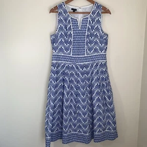 Talbots Sleeveless Midi Dress Womens 10 White Blue Geometric Beachy Resort - Picture 1 of 10