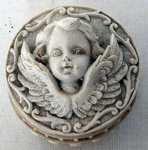Trinket Box, round, lidded with Angel motif 2.5 x 2.5 high - Picture 1 of 6