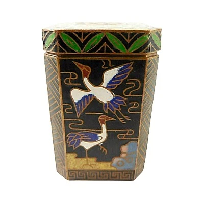 Антикварная коробка для нюхательного табака Cranes канистра клуазоне эмалированная банка черная 2,25 дюйма - Изображение 1 из 4