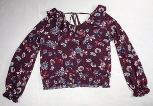 MELLODAY Womens Burgundy Ruffle V-Neck Long Sleeve Tie Back Crop Blouse sz M NWT - Picture 1 of 10