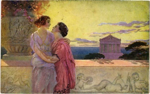 POSTAL VINTAGE FIRMADA POR ARTISTA DE PC, UNA PAREJA POR LA ORILLA DEL MAR (B46335) - Imagen 1 de 2