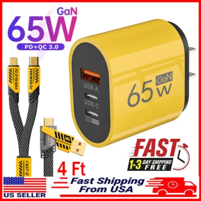 Adaptador de cargador de pared rápido de 3 puertos GaN 65 W y cable de carga 4 en 1 de 4 pies USB + tipo C Foto 1 de 4