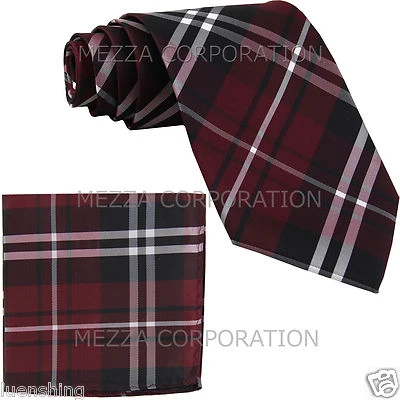 New Men's Vesuvio Napoli plaid checkered Neck Tie Necktie & Hankie set Burgundy - Image 1 of 3