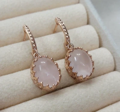 Hermosos pendientes colgantes ovalados de cuarzo rosa - Pendientes colgantes de plata para fiesta Foto 1 de 4